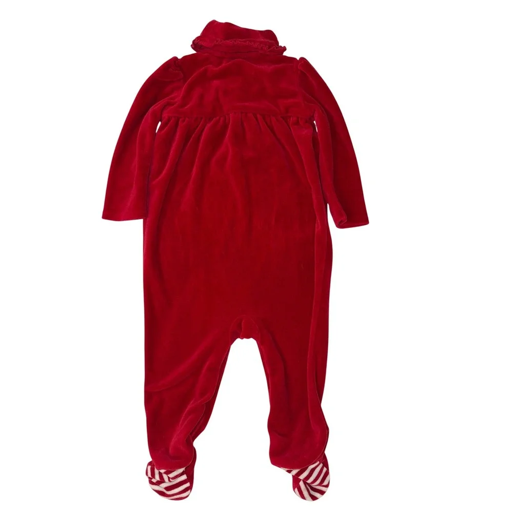 Ralph Lauren Baby Girls Red Velour Footed Pajama Romper 9M Ruffle Striped Feet‎